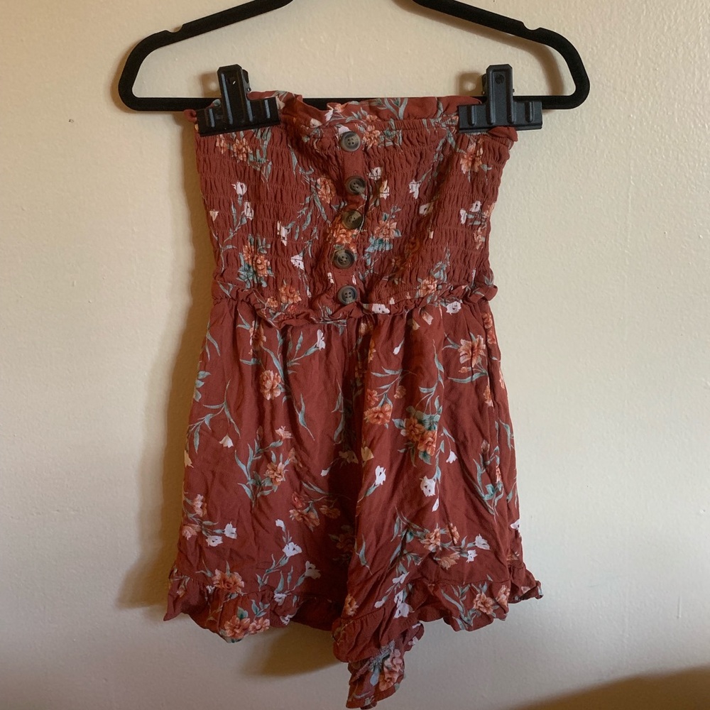 Red-Orange Floral Strapless Romper